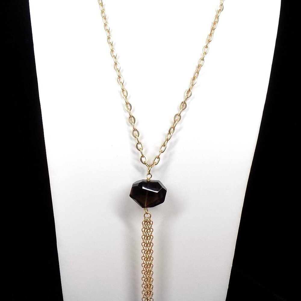 For BR Aureus + Argent Big Brown Stone Pendant Necklace Tassel 28" Gold-tone